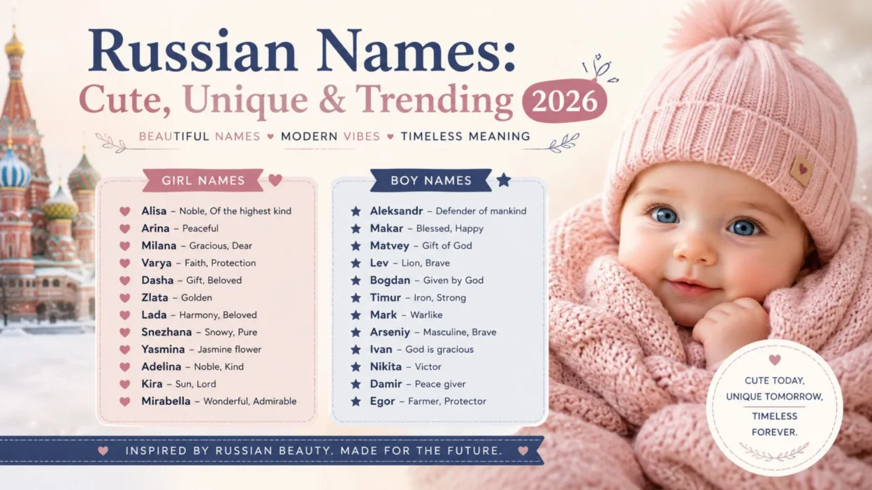 Elegant Russian names 2026 typography banner with snowy Slavic aesthetic and modern fantasy-inspired design
