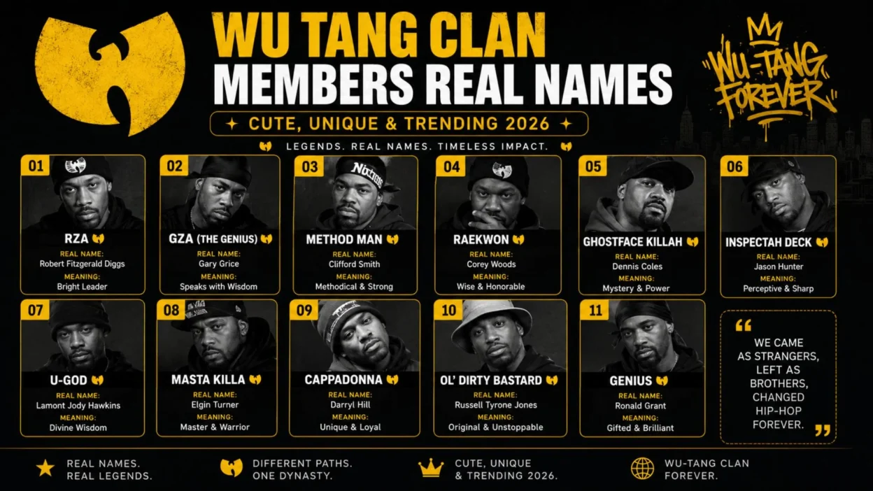 Wu Tang Clan members real names 2026 banner with bold hip hop style and iconic rap-inspired urban design