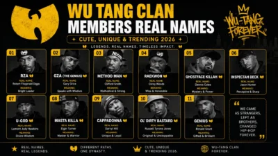Wu Tang Clan members real names 2026 banner with bold hip hop style and iconic rap-inspired urban design